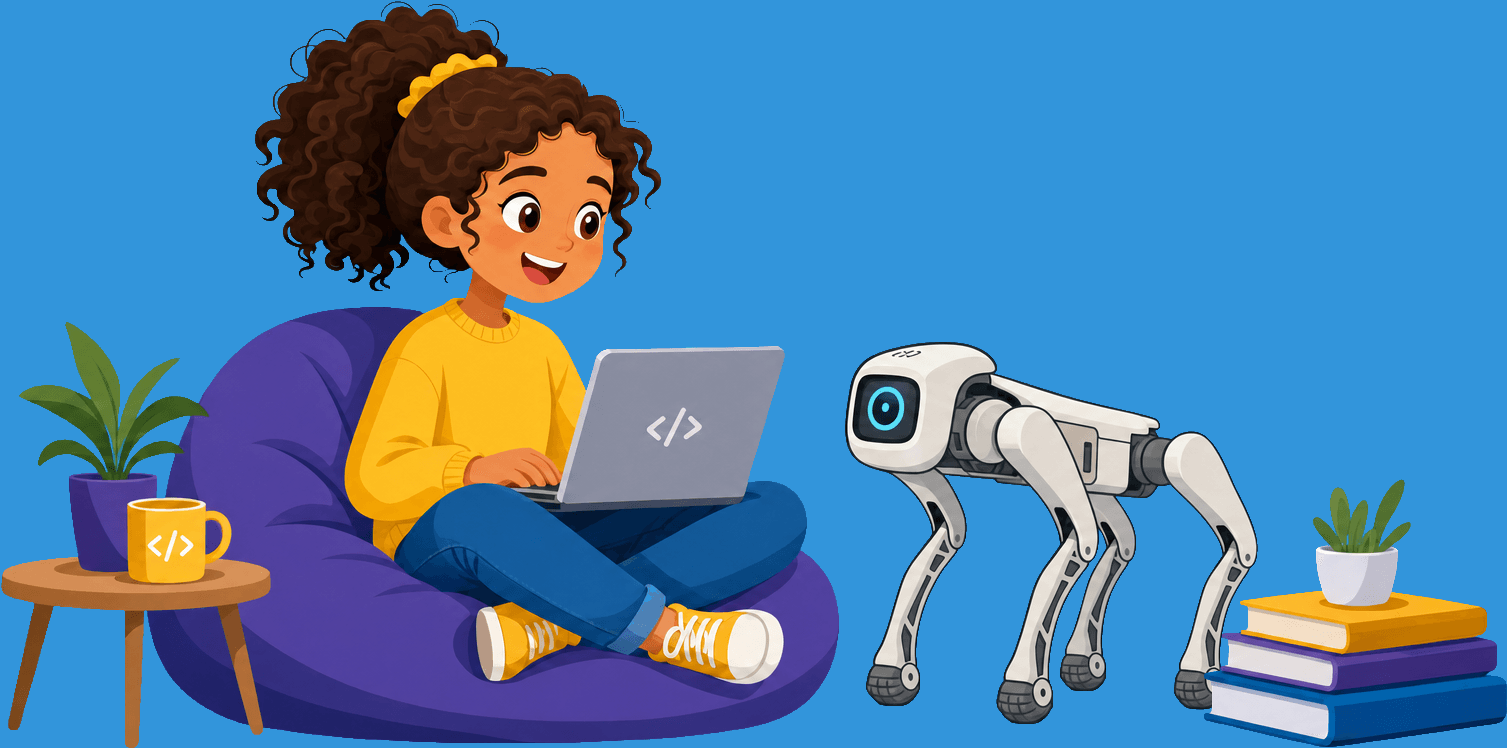 A kid coding on a laptop beside a robot dog