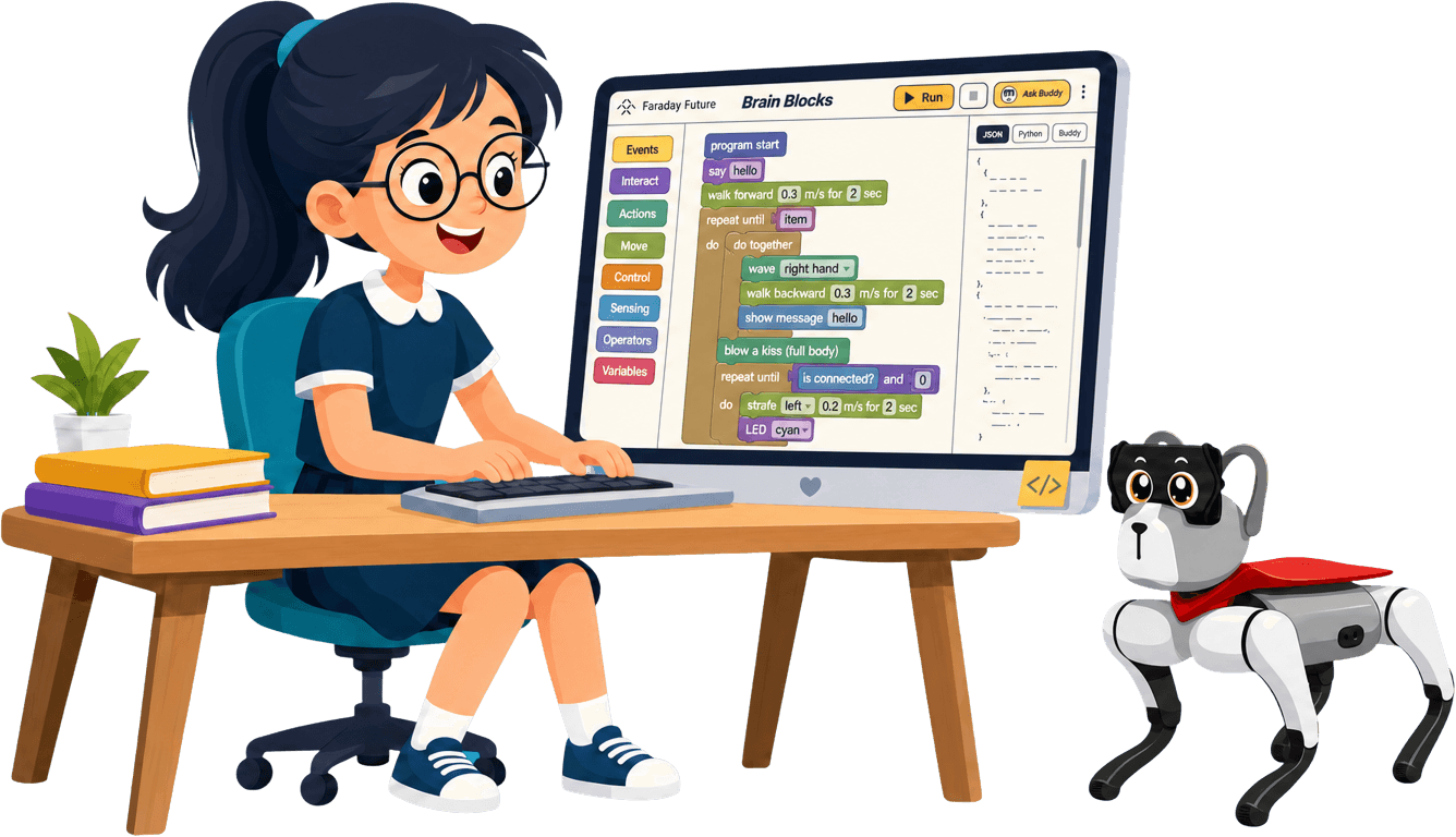 A girl coding robots with Brain Blocks next to a robot dog